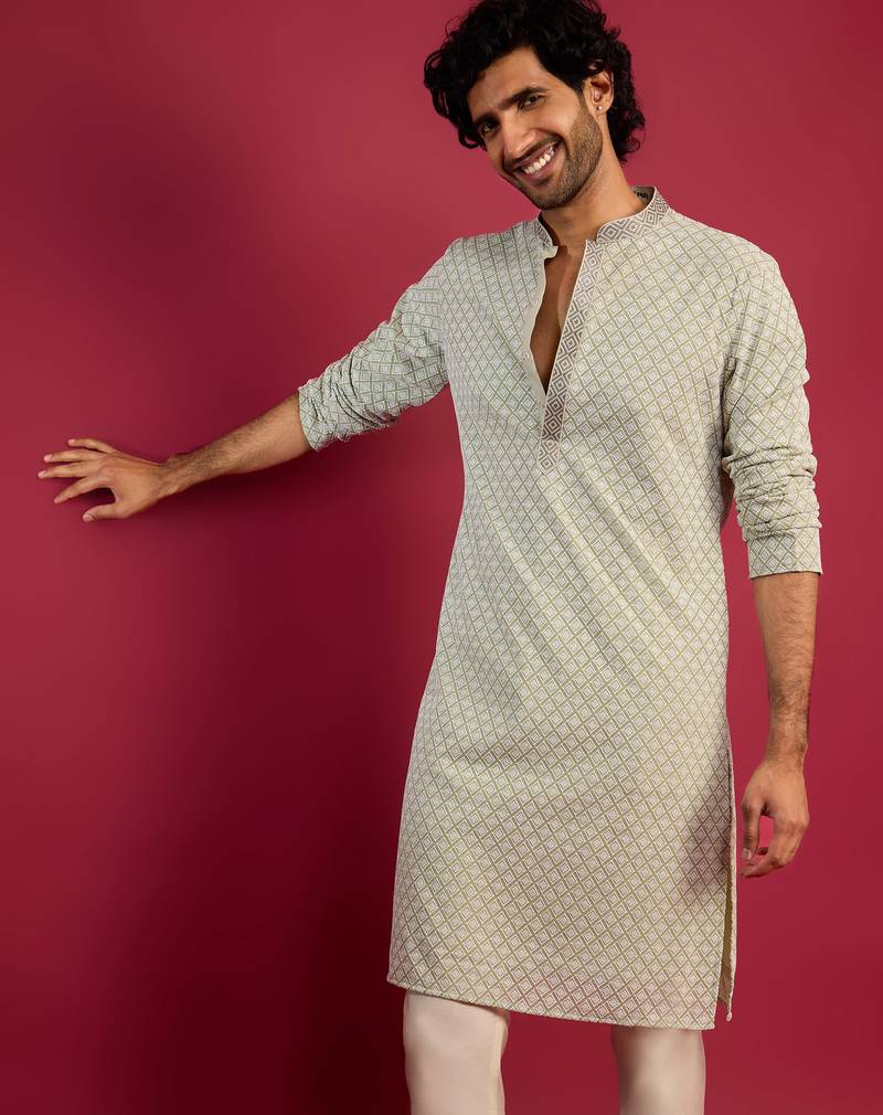 mint green faux georgette thread embroidered long kurta | wedding festive wear