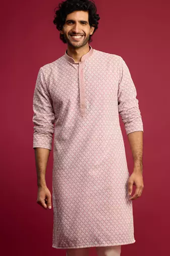 pink faux georgette thread embroidered long kurta | wedding festive wear