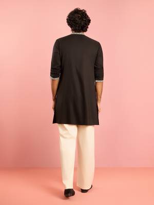 black embroidered kurta palazzo set | thread work geometric design with cream wide leg bottom 5