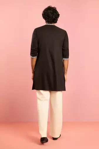 black embroidered kurta palazzo set | thread work geometric design with cream wide leg bottom