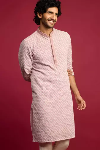 pink faux georgette thread embroidered long kurta | wedding festive wear