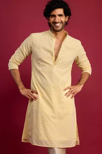 yellow faux georgette thread embroidered long kurta | wedding festive wear