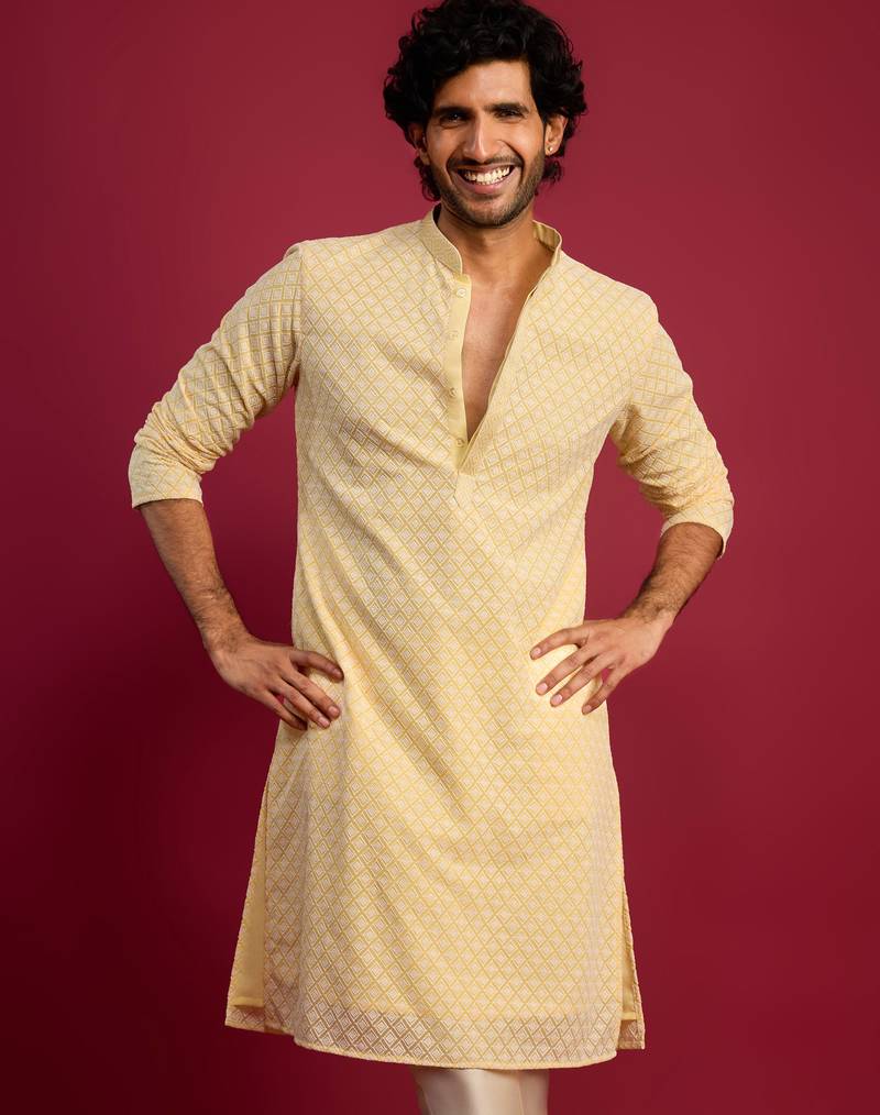 yellow faux georgette thread embroidered long kurta | wedding festive wear