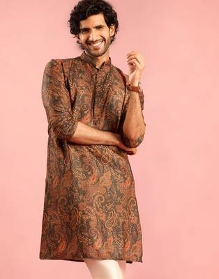 mehendi green cotton blend kurta | all-over paisley digital print design 1