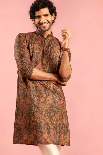 mehendi green cotton blend kurta | all-over paisley digital print design