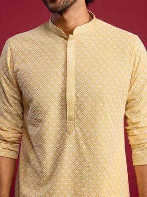 yellow faux georgette thread embroidered long kurta | wedding festive wear 2