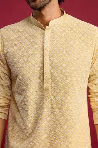 yellow faux georgette thread embroidered long kurta | wedding festive wear