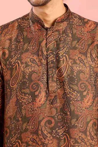 mehendi green cotton blend kurta | all-over paisley digital print design