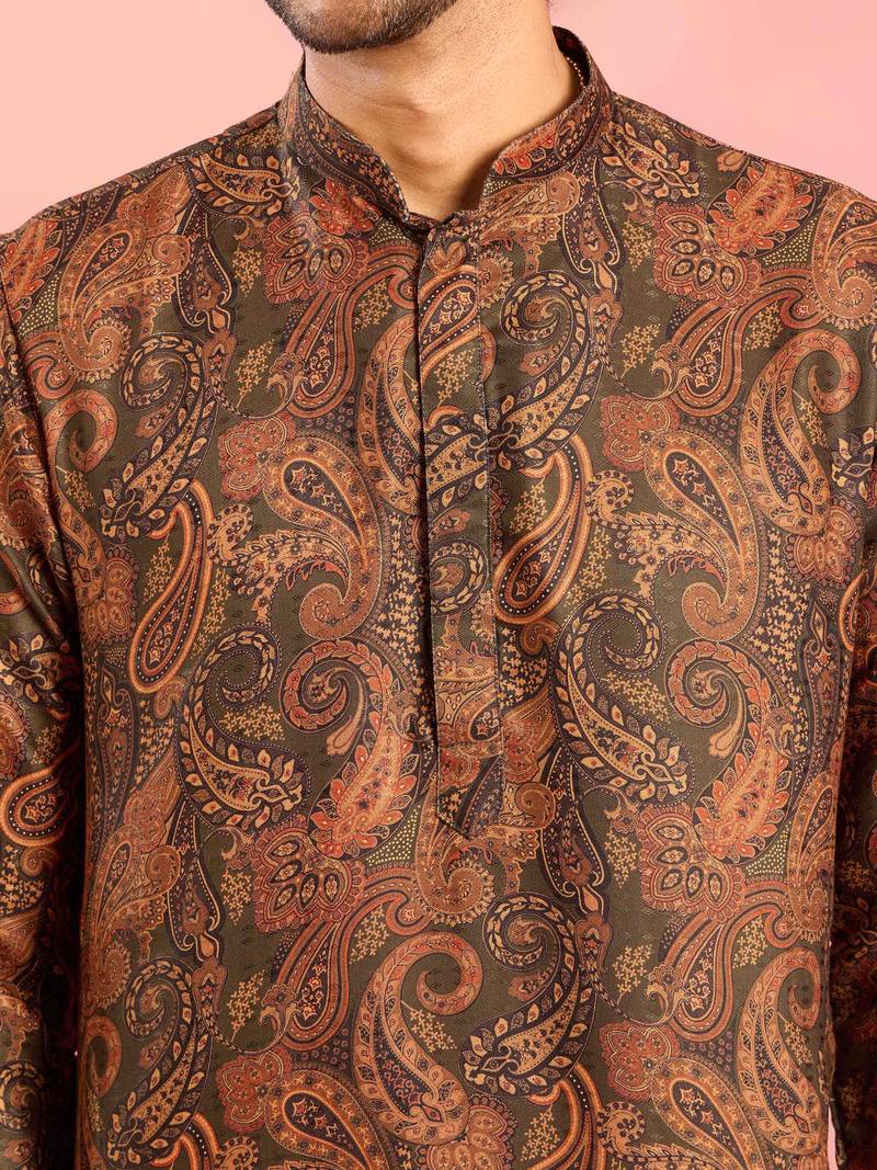 mehendi green cotton blend kurta | all-over paisley digital print design