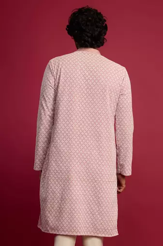 pink faux georgette thread embroidered long kurta | wedding festive wear