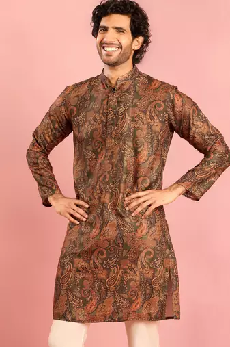 mehendi green cotton blend kurta | all-over paisley digital print design