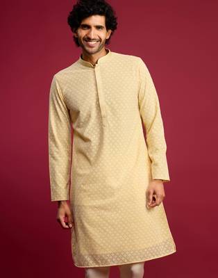 yellow faux georgette thread embroidered long kurta | wedding festive wear 3