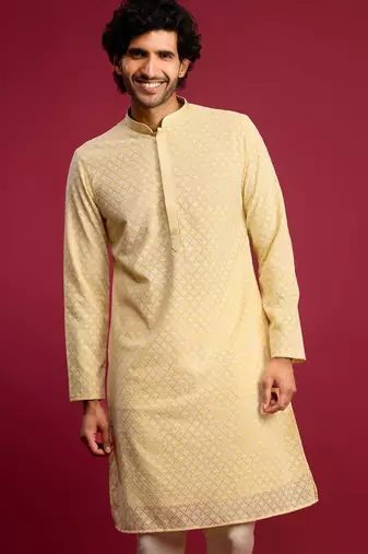 yellow faux georgette thread embroidered long kurta | wedding festive wear
