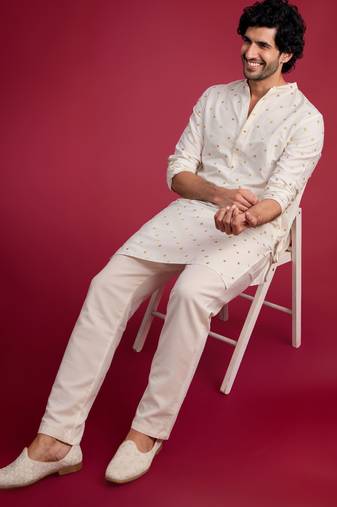 white viscose long kurta with mirror work & thread embroidery, cream viscose pyjama | festive wedding set