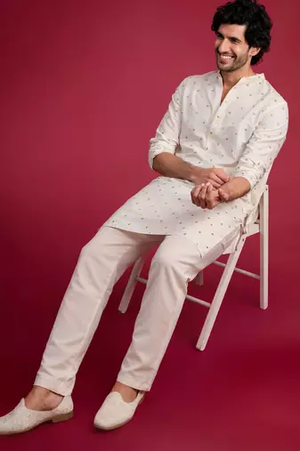 white viscose long kurta with mirror work & thread embroidery, cream viscose pyjama | festive wedding set