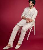 white viscose long kurta with mirror work & thread embroidery, cream viscose pyjama | festive wedding set