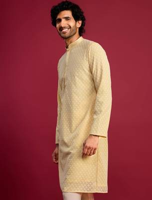 yellow faux georgette thread embroidered long kurta | wedding festive wear 4