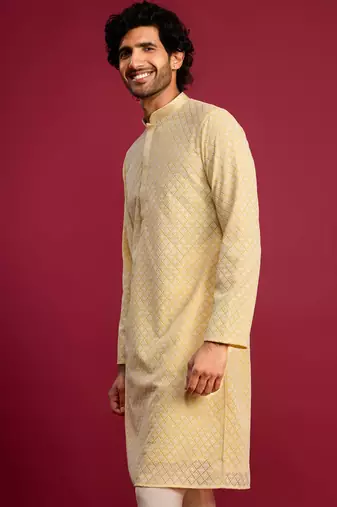 yellow faux georgette thread embroidered long kurta | wedding festive wear