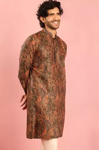 mehendi green cotton blend kurta | all-over paisley digital print design