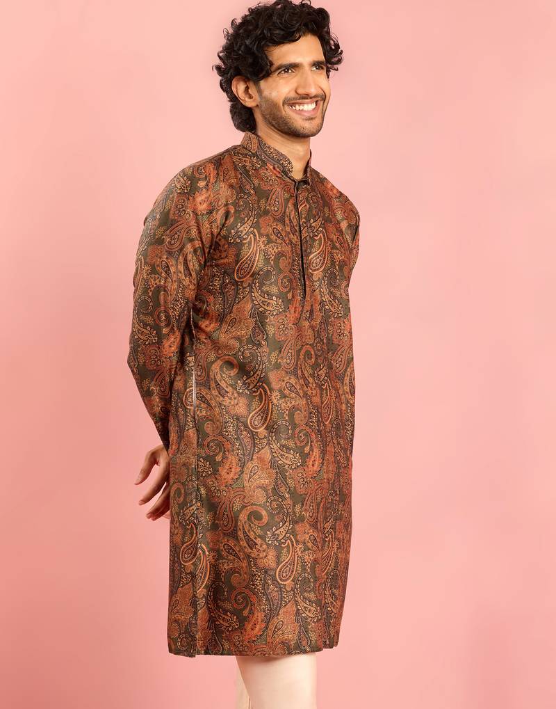 mehendi green cotton blend kurta | all-over paisley digital print design