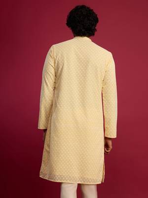 yellow faux georgette thread embroidered long kurta | wedding festive wear 5