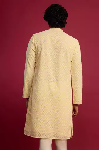 yellow faux georgette thread embroidered long kurta | wedding festive wear