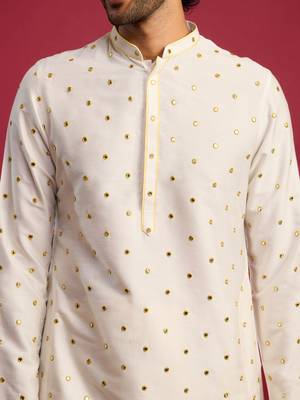white viscose long kurta with mirror work & thread embroidery, cream viscose pyjama | festive wedding set 2