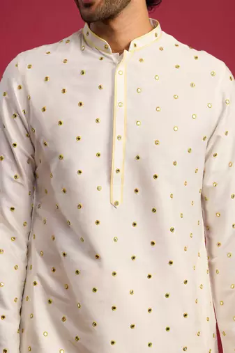 white viscose long kurta with mirror work & thread embroidery, cream viscose pyjama | festive wedding set