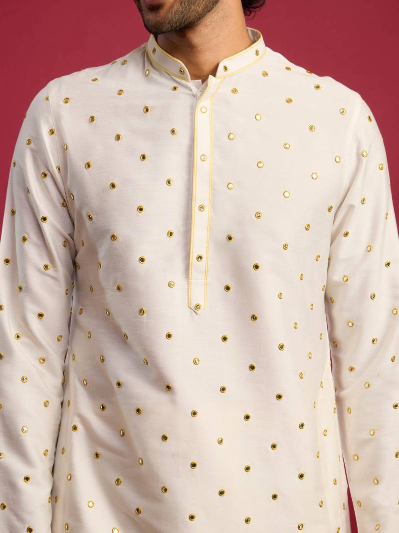 white viscose long kurta with mirror work & thread embroidery, cream viscose pyjama | festive wedding set