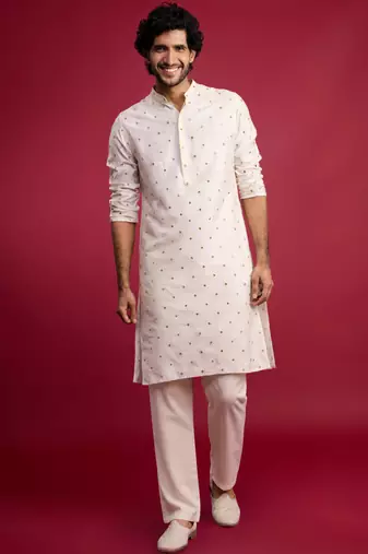 white viscose long kurta with mirror work & thread embroidery, cream viscose pyjama | festive wedding set