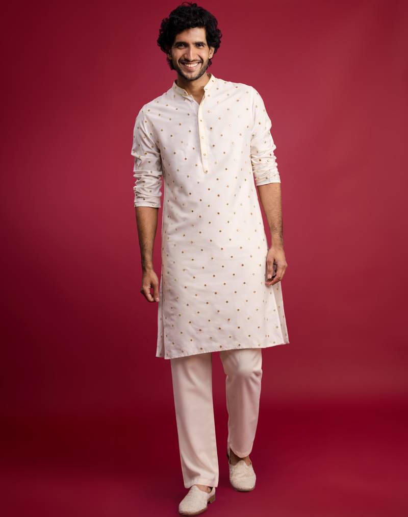 white viscose long kurta with mirror work & thread embroidery, cream viscose pyjama | festive wedding set