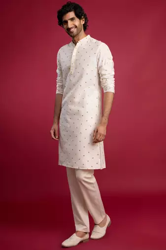 white viscose long kurta with mirror work & thread embroidery, cream viscose pyjama | festive wedding set