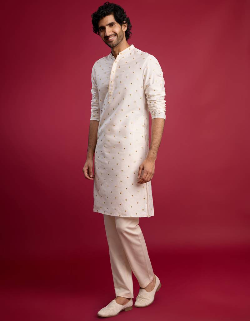 white viscose long kurta with mirror work & thread embroidery, cream viscose pyjama | festive wedding set