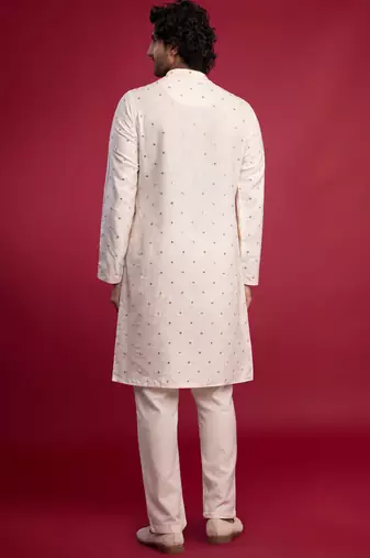 white viscose long kurta with mirror work & thread embroidery, cream viscose pyjama | festive wedding set