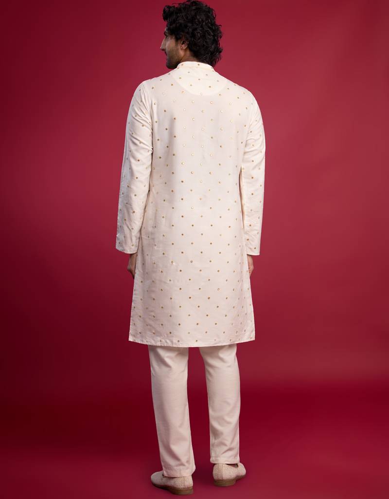 white viscose long kurta with mirror work & thread embroidery, cream viscose pyjama | festive wedding set