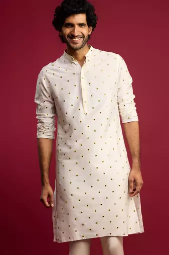 Vastramay men white viscose mirror work & thread embroidered kurta | full crepe lining | dk collar & placket