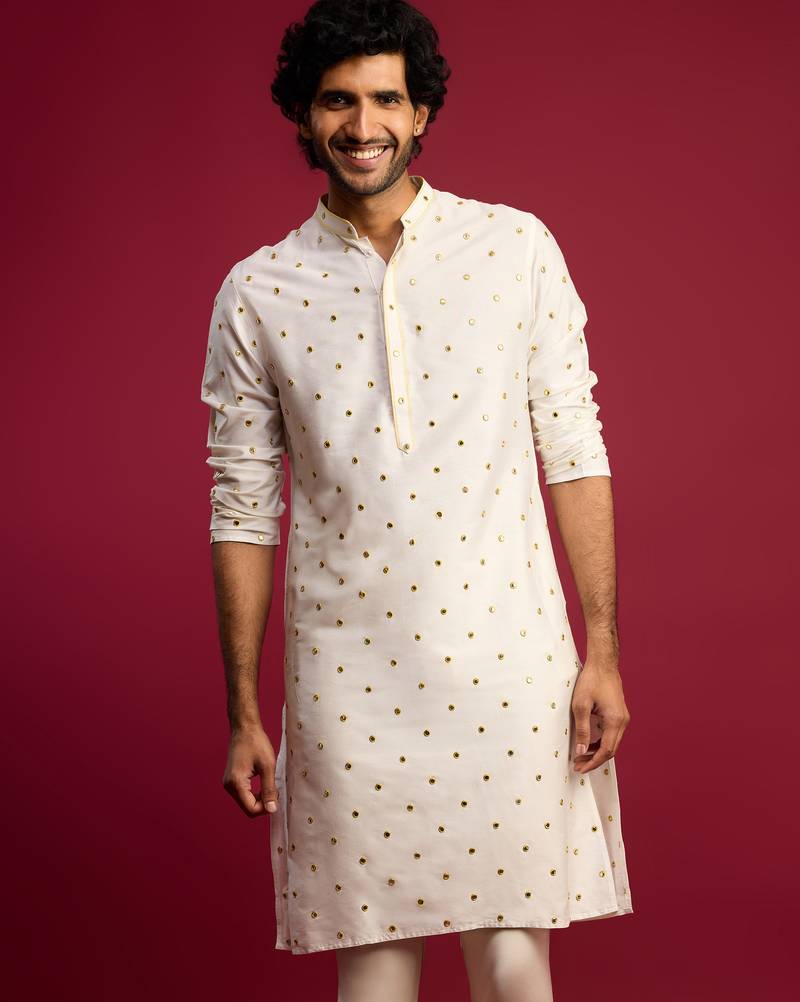 Vastramay men white viscose mirror work & thread embroidered kurta | full crepe lining | dk collar & placket