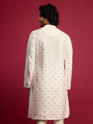 Vastramay men white viscose mirror work & thread embroidered kurta | full crepe lining | dk collar & placket 4