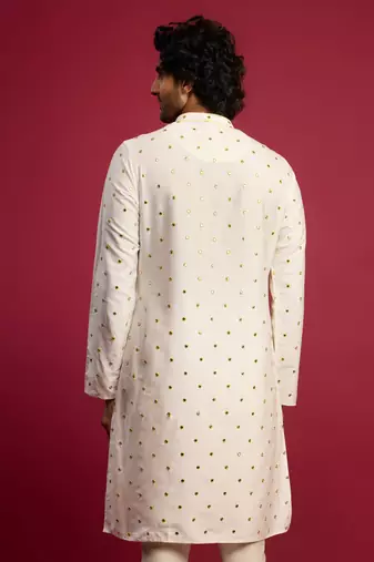 Vastramay men white viscose mirror work & thread embroidered kurta | full crepe lining | dk collar & placket
