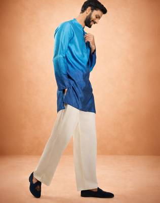 blue ombre silk blend sequin kurta with cream fine satin wide leg palazzo | festive party set 1