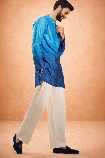 blue ombre silk blend sequin kurta with cream fine satin wide leg palazzo | festive party set