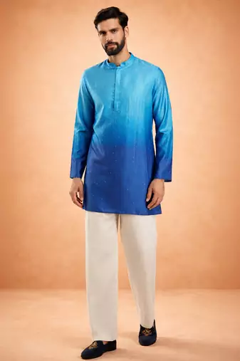 blue ombre silk blend sequin kurta with cream fine satin wide leg palazzo | festive party set