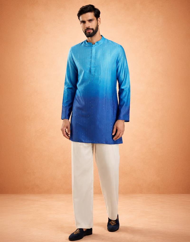 blue ombre silk blend sequin kurta with cream fine satin wide leg palazzo | festive party set