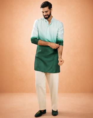bottle green ombre silk blend sequin kurta with cream fine satin wide leg palazzo | festive set 1