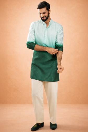 bottle green ombre silk blend sequin kurta with cream fine satin wide leg palazzo | festive set