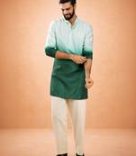 bottle green ombre silk blend sequin kurta with cream fine satin wide leg palazzo | festive set