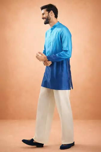 blue ombre silk blend sequin kurta with cream fine satin wide leg palazzo | festive party set
