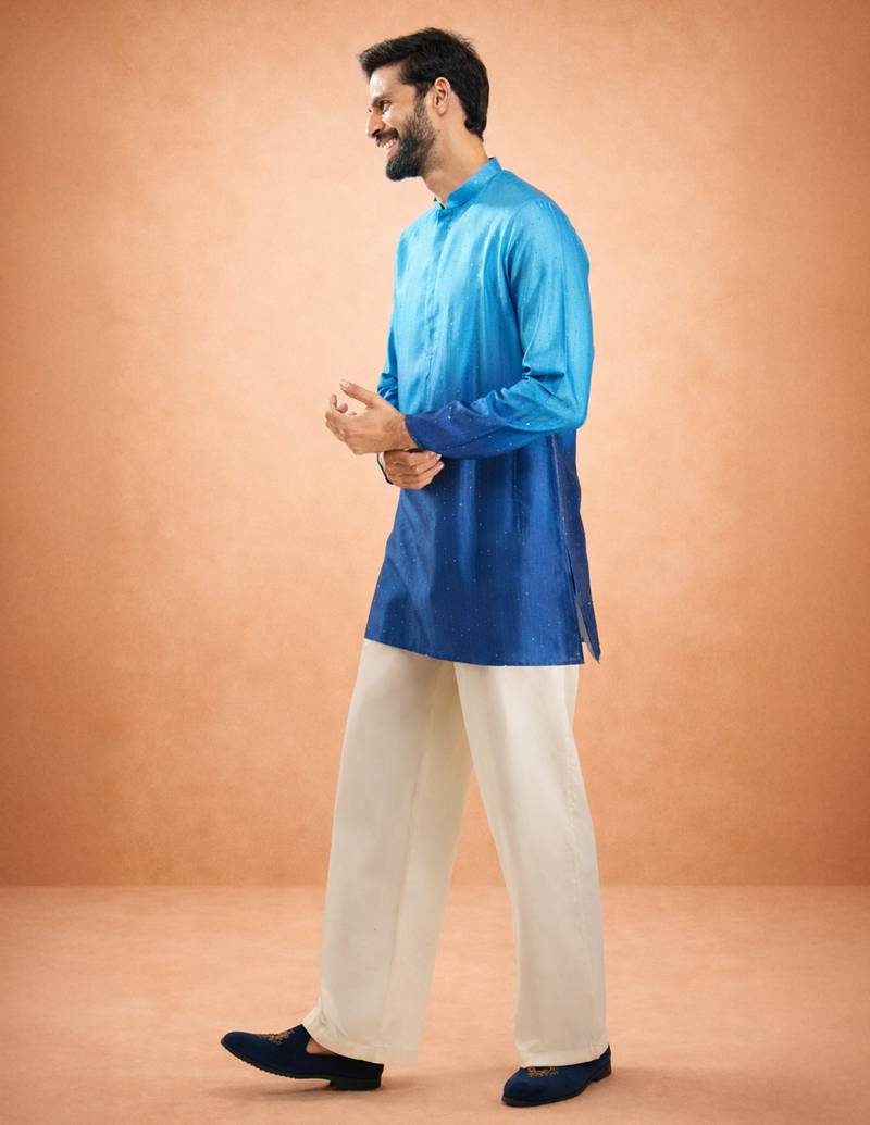 blue ombre silk blend sequin kurta with cream fine satin wide leg palazzo | festive party set