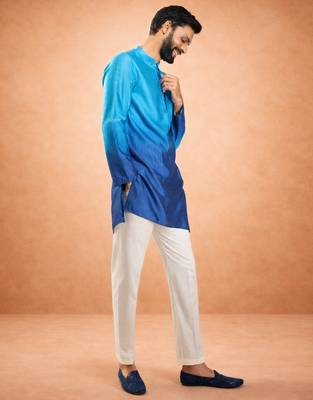 blue ombre silk blend sequin kurta with cream silk pant | wedding festive set 1