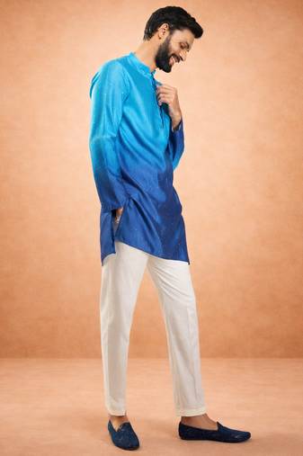 blue ombre silk blend sequin kurta with cream silk pant | wedding festive set